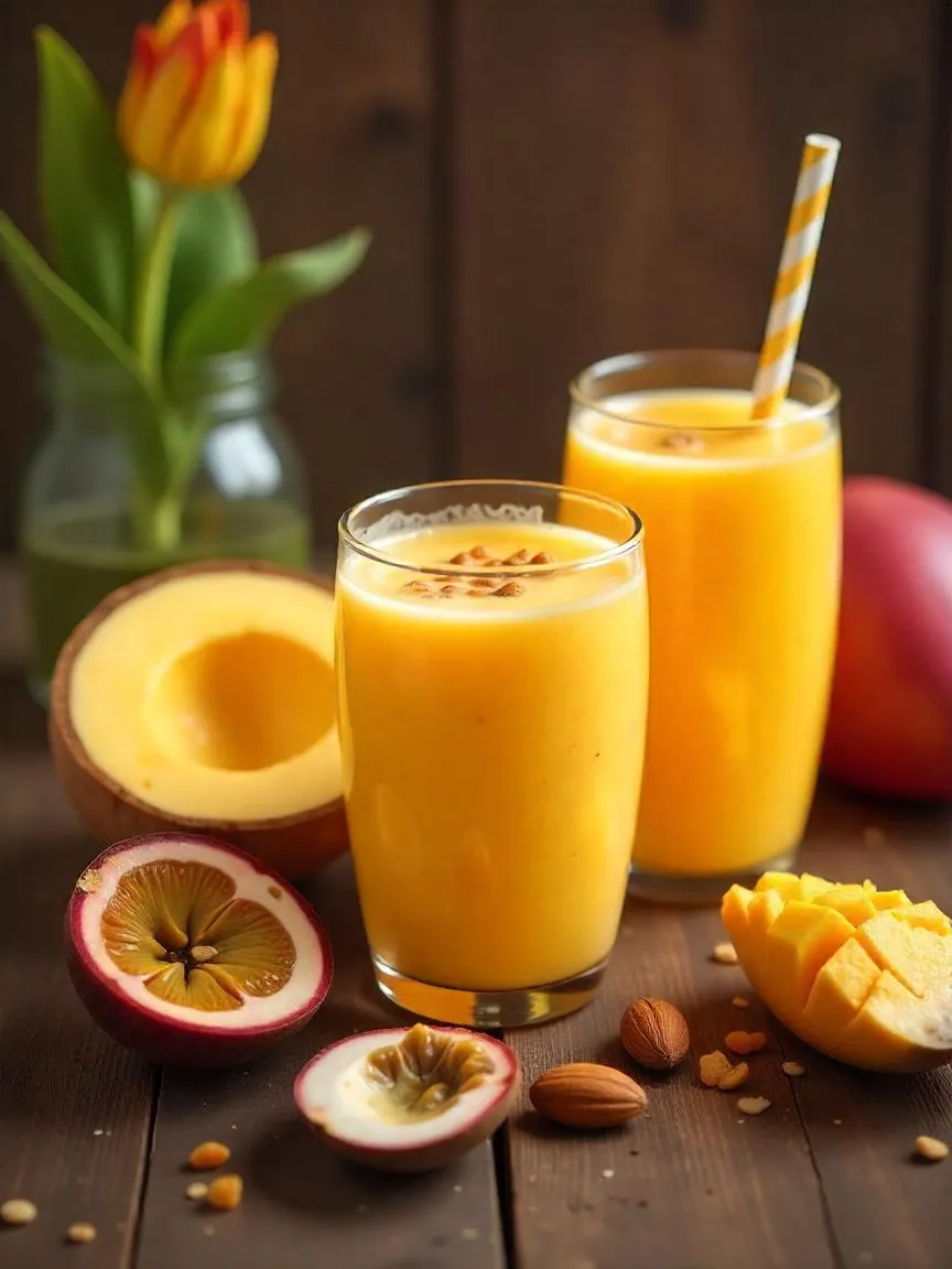Cosmic golden smoothie with spinach, mango, collagen powder, and coconut water, glowing like a morning galaxy in a clear glass.