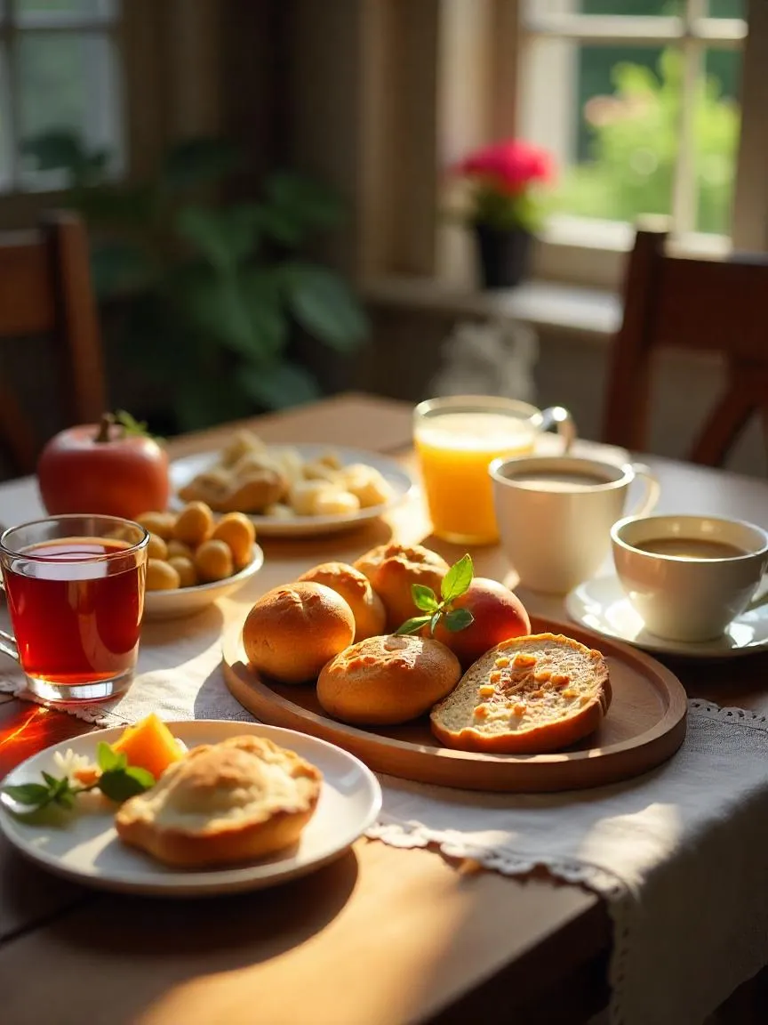 Cozy breakfast table with bread, fruit, tea, and porridge representing cultural breakfast traditions.