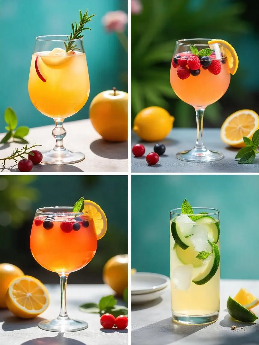 Non-alcoholic sparkling juice cocktails in wine glasses with fresh fruit and herb garnishes.