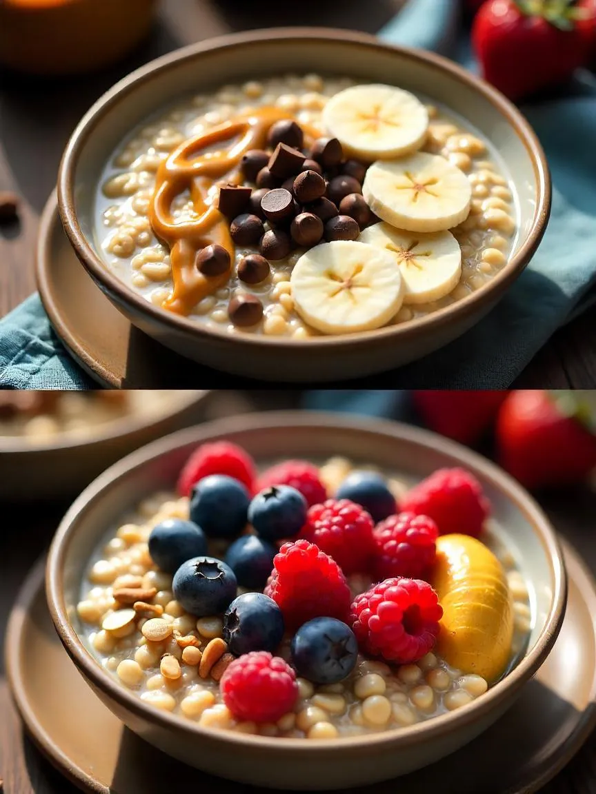 Collage showing two bowls of oatmeal: one topped with bananas and chocolate, the other with fresh berries and nuts.