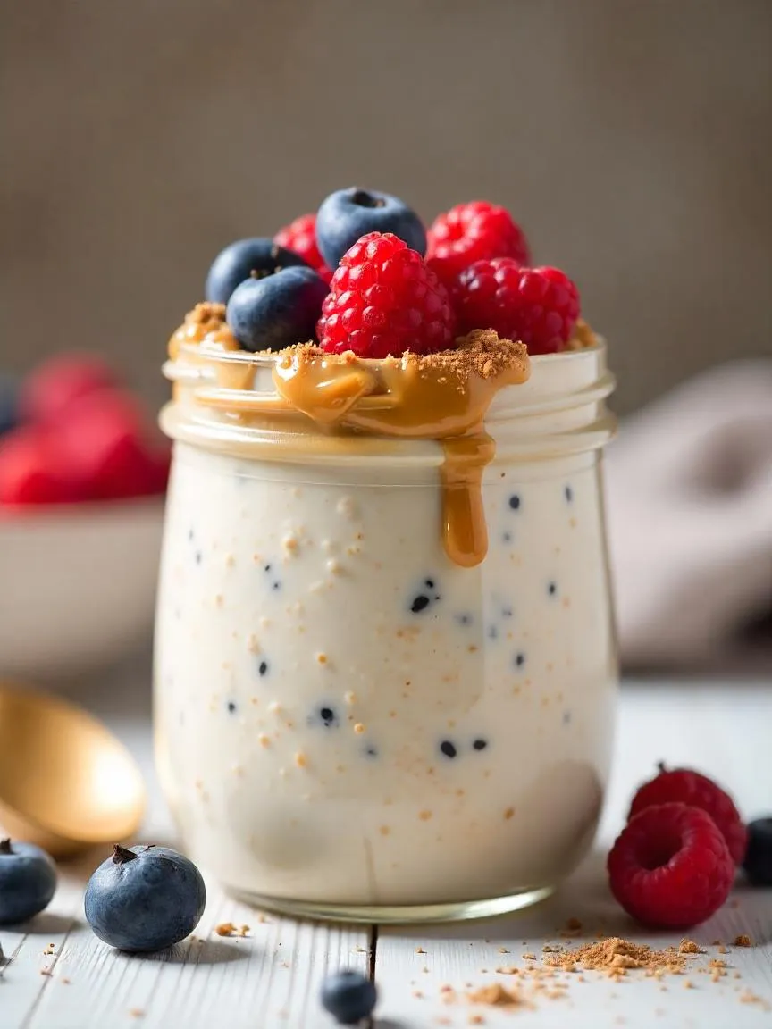 Jar of creamy overnight oats with chia seeds, frozen berries, peanut butter drizzle, and cinnamon on a wooden table, showcasing a nutritious and energizing breakfast.