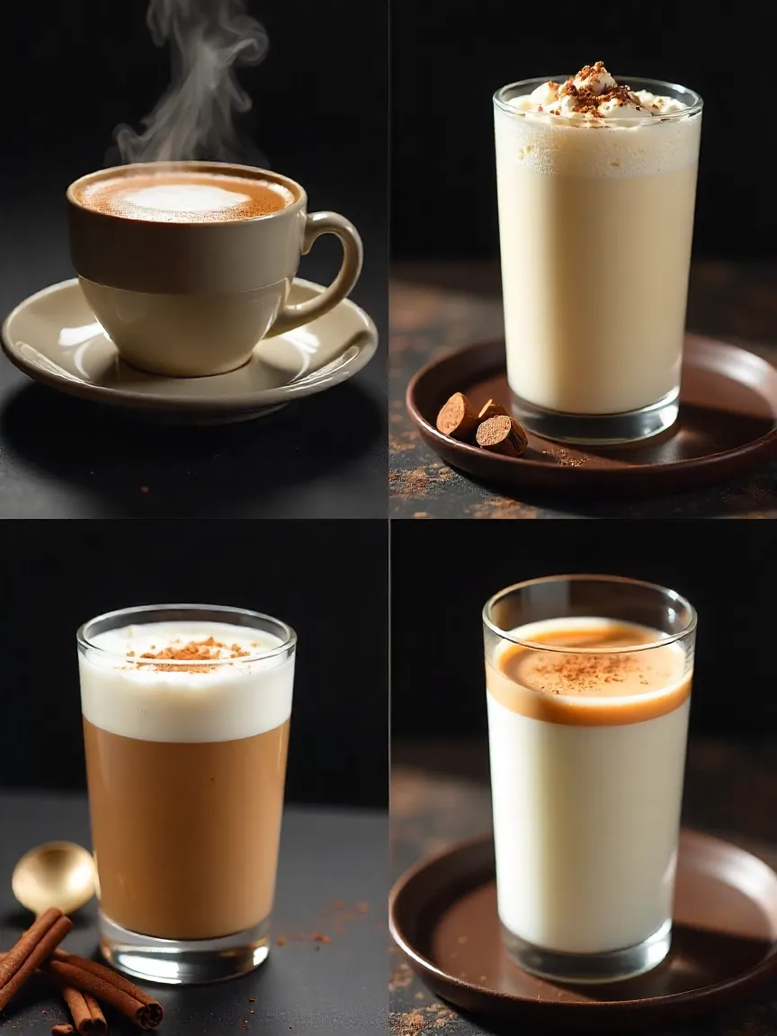 Collage of hot espresso, iced latte, sweet white wine, chai latte, and cold milk paired with tiramisu balls.