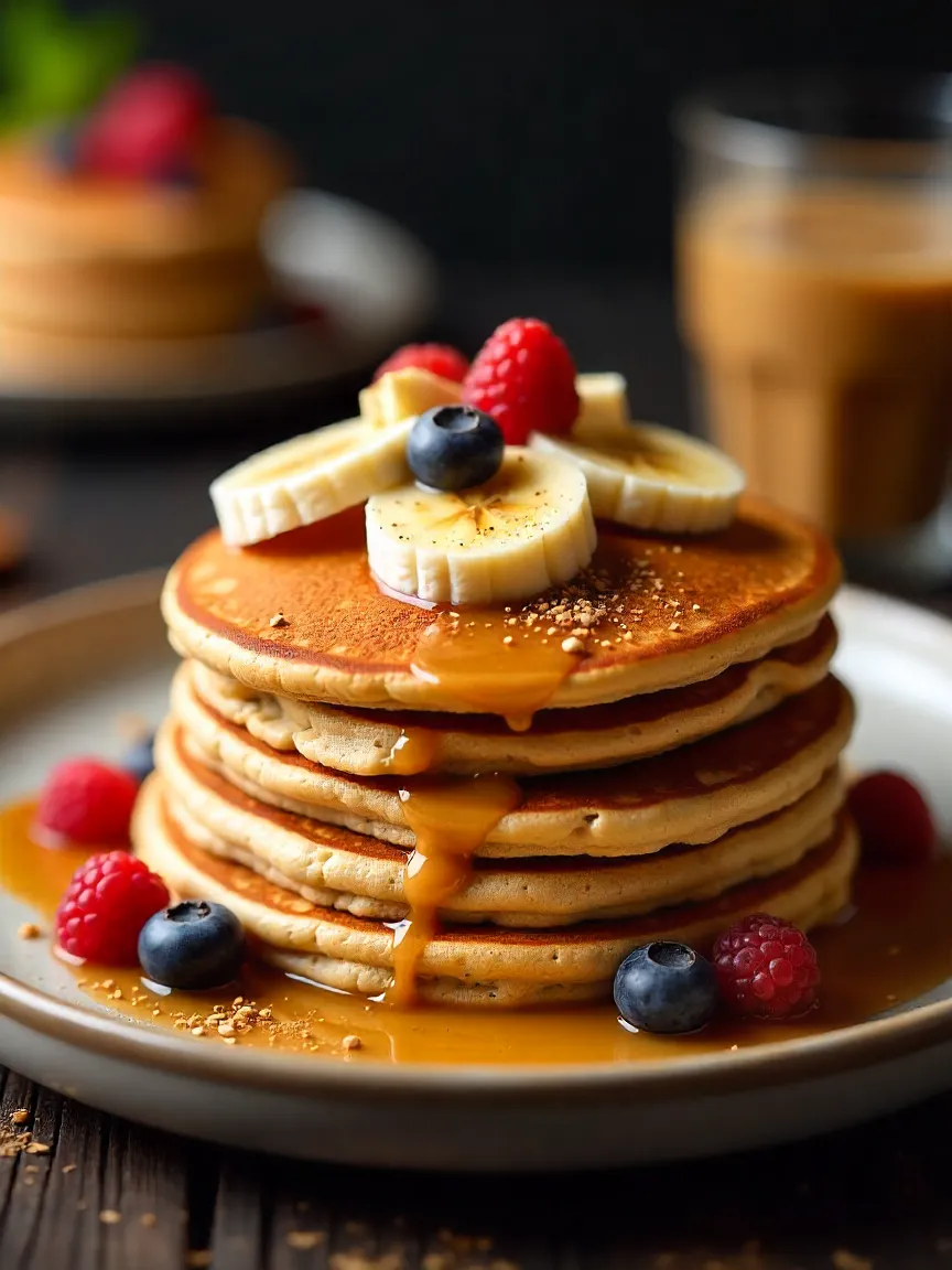 Close-up of whole grain pancakes layered with almond butter and topped with banana slices and berries; wider shot of pancakes on a plate with a warm drink.