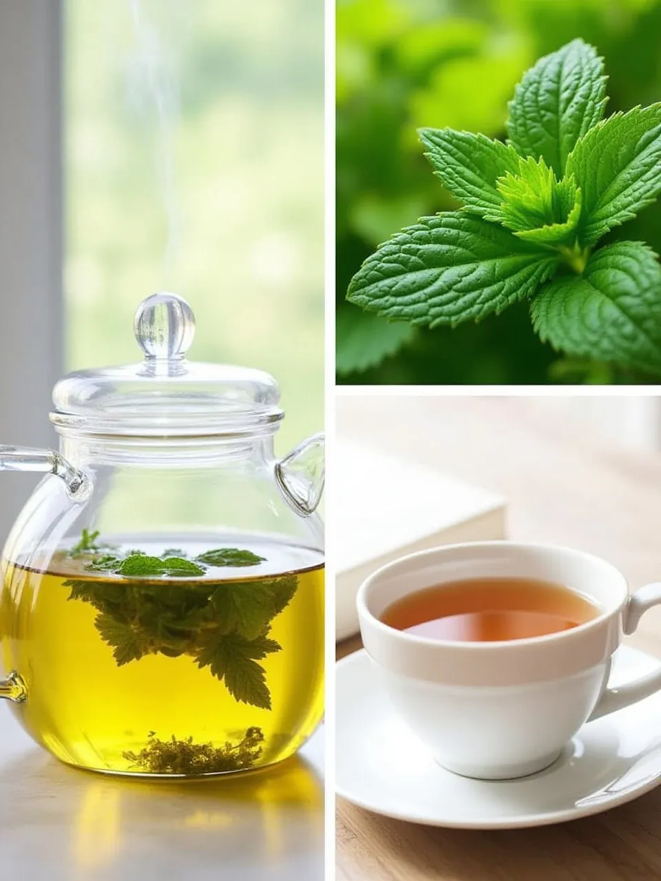 Collage of peppermint tea, fresh mint leaves, and a peaceful workspace symbolizing refreshment and relaxation.