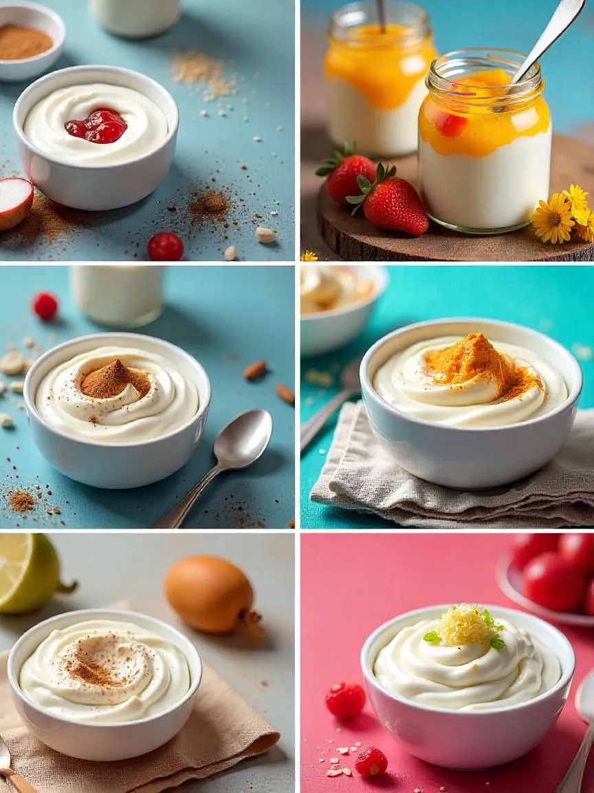 Collage of personalized yogurt: plain, sweet with jam and honey, spiced with cinnamon, savory tzatziki style, creamy Greek yogurt, and vegan almond milk yogurt.