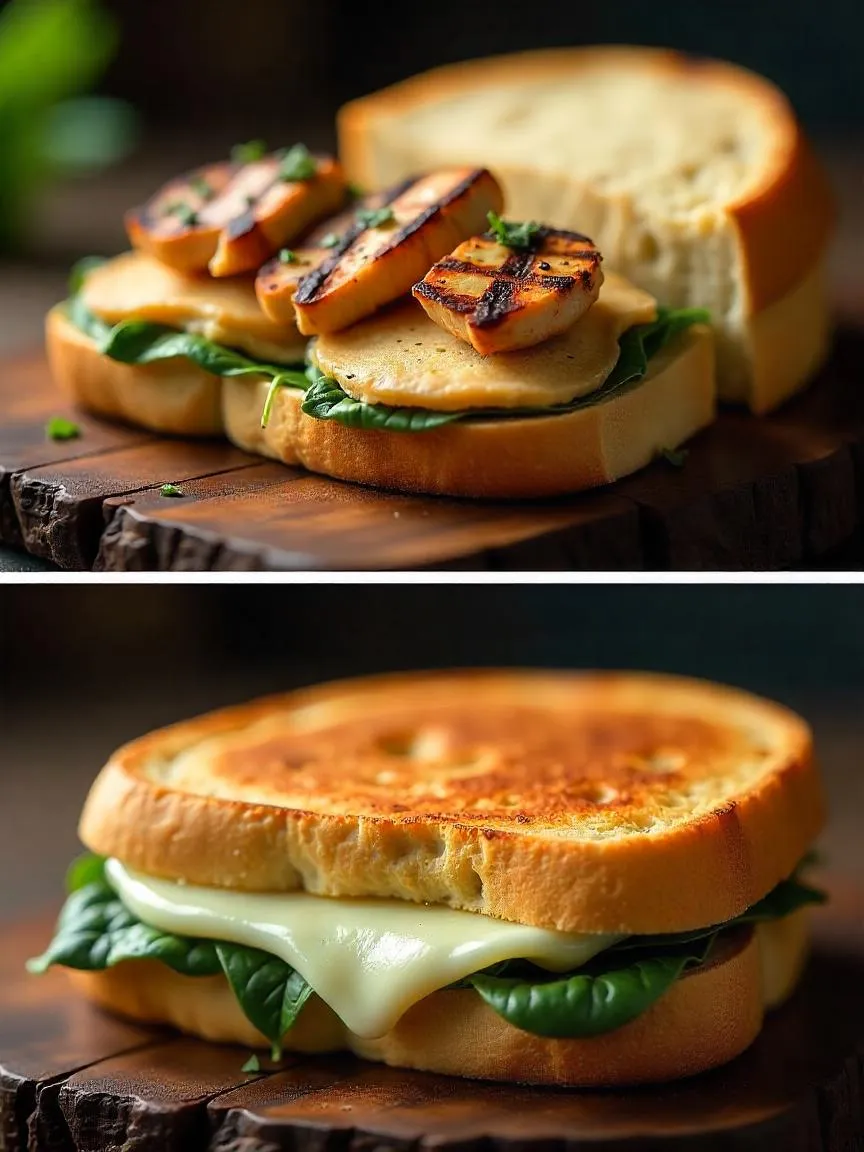 Golden toasted panini filled with grilled chicken, melted mozzarella, spinach, and basil pesto on ciabatta.