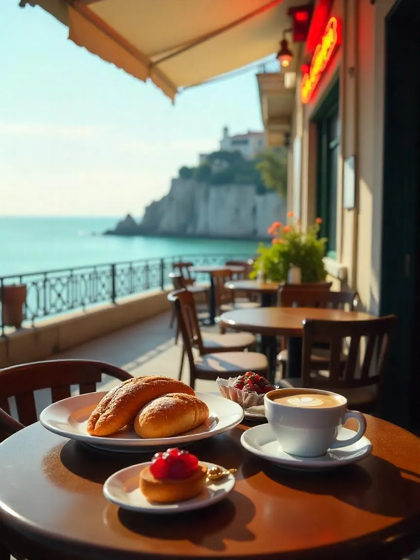Portuguese breakfast with bread and butter, grilled ham and cheese sandwich, pastel de nata, and espresso served at a cozy outdoor café in Lisbon.