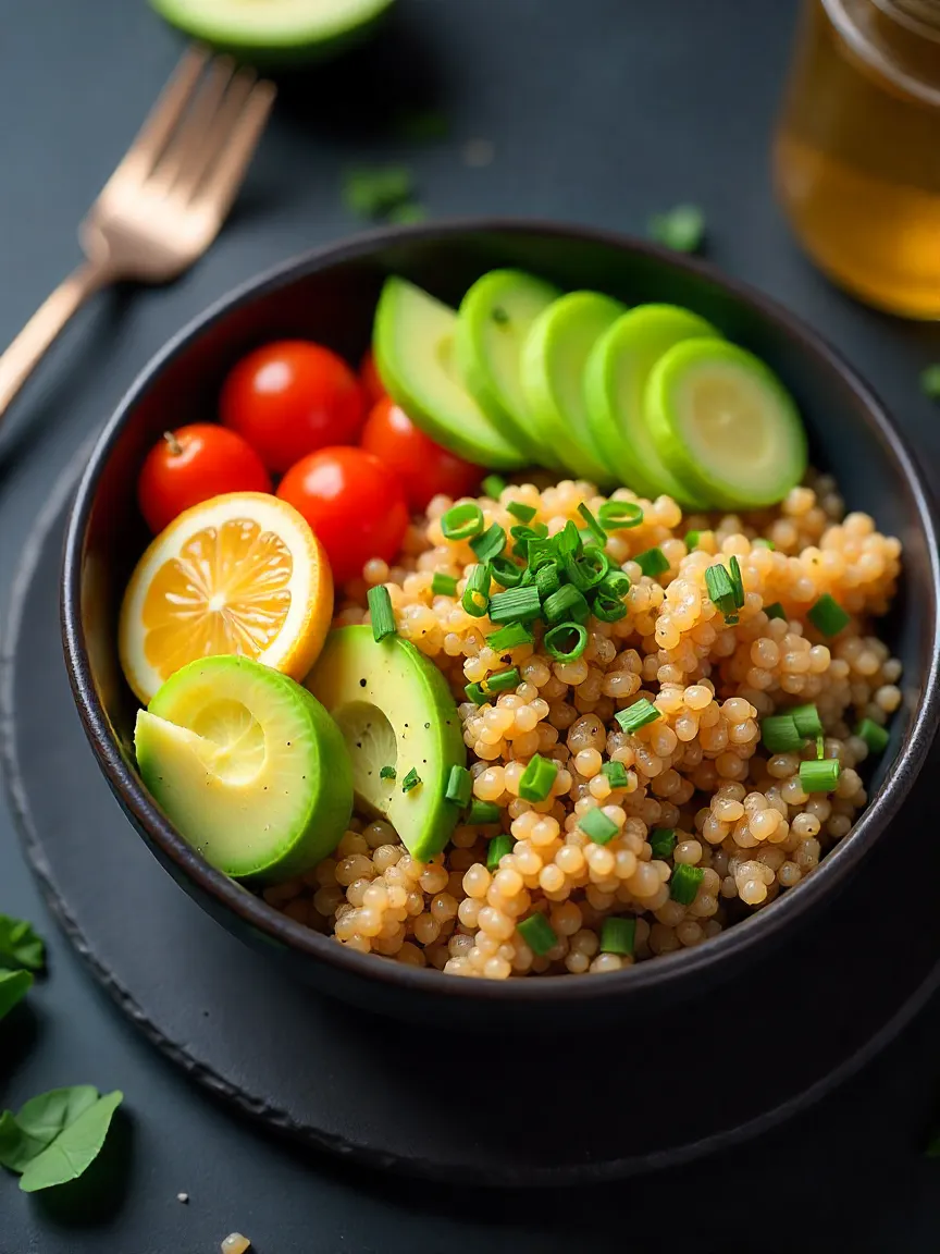 Colorful quinoa salad bowl with diced avocado, cherry tomatoes, cucumber, fresh herbs, and citrus dressing.