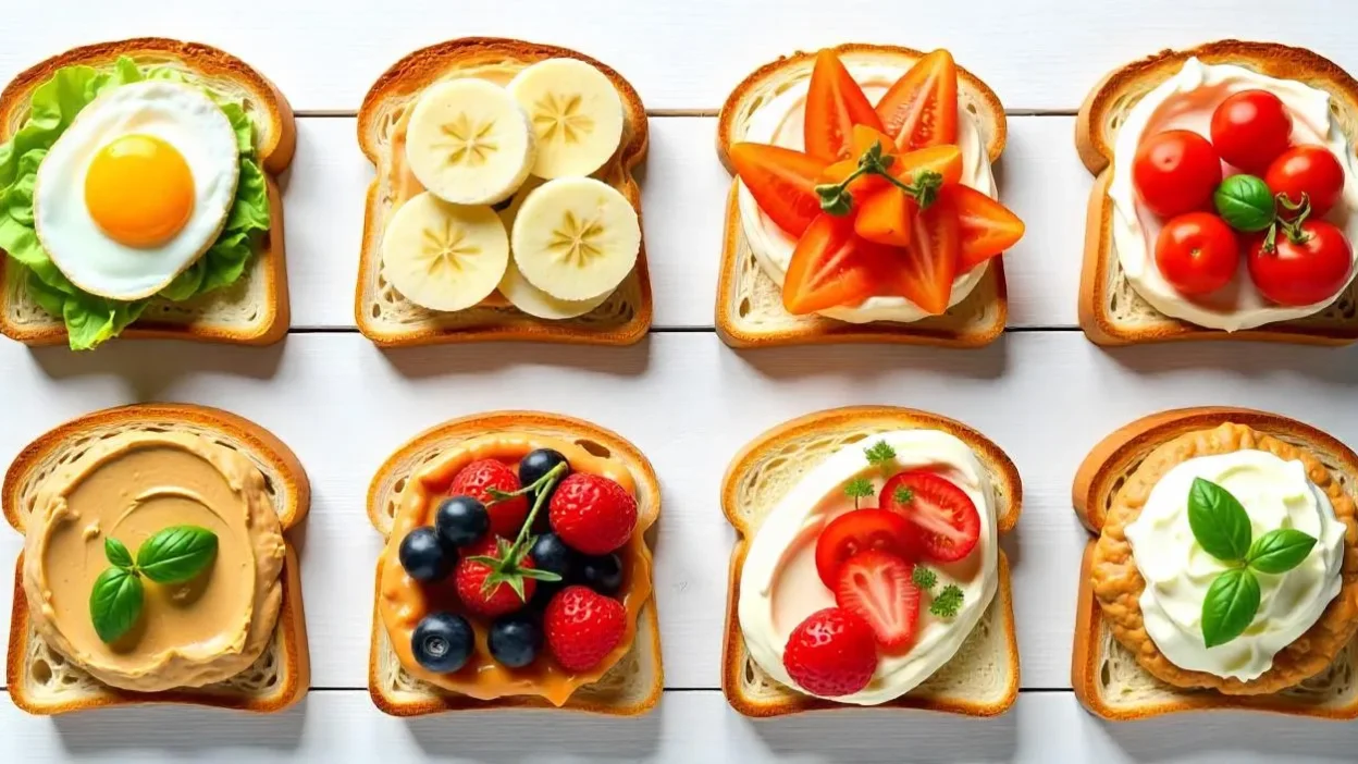 Flat lay of assorted sweet and savory toasts on a white or wooden surface, arranged in a colorful breakfast collage