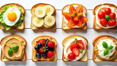 Flat lay of assorted sweet and savory toasts on a white or wooden surface, arranged in a colorful breakfast collage