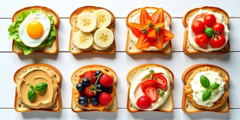 Flat lay of assorted sweet and savory toasts on a white or wooden surface, arranged in a colorful breakfast collage