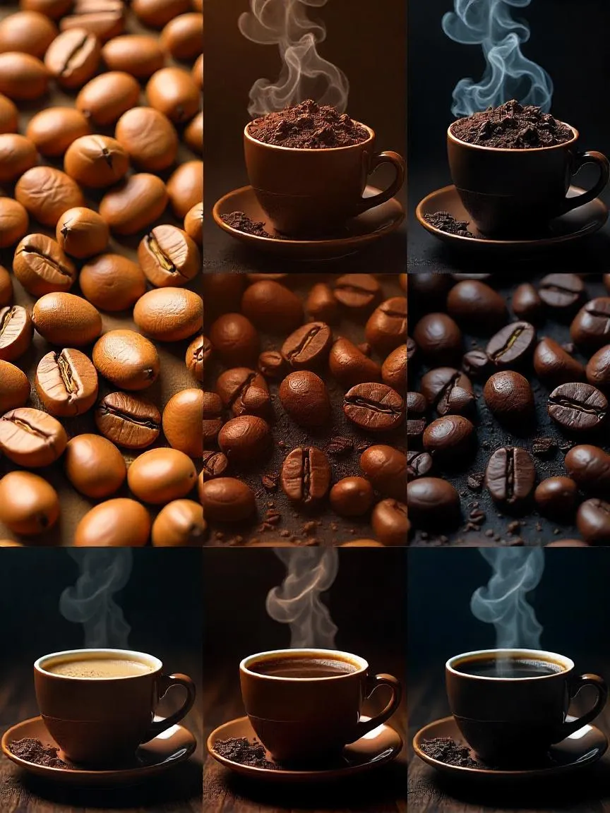 Three bowls with light, medium, and dark roasted coffee beans, illustrating differences in color and flavor profiles from bright and tangy to rich and bold.