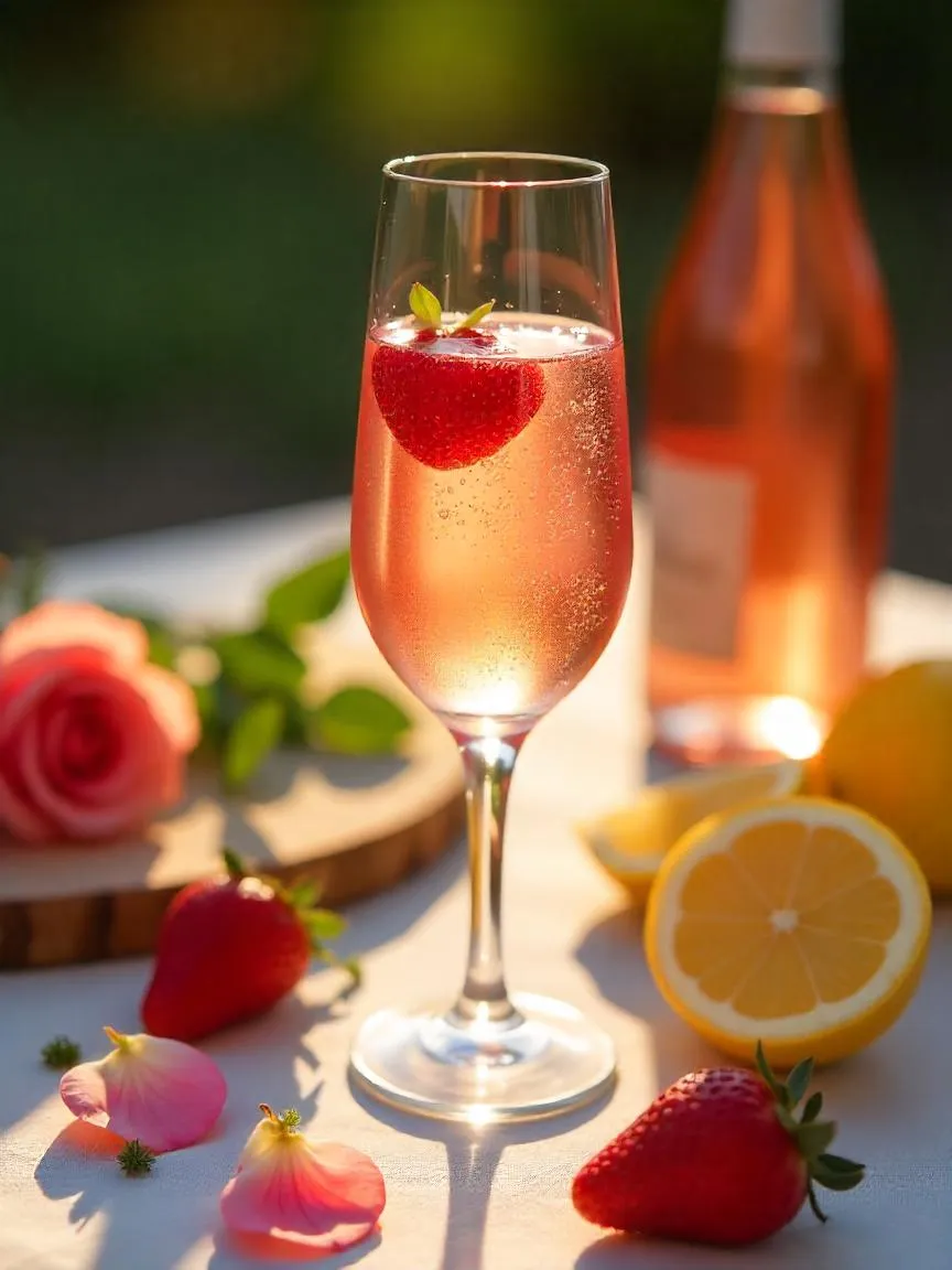 Chilled rosé wine in a clear glass with strawberries, lemon slices, rose petals, and herbs on a sunlit table, reflecting a refreshing and festive summer atmosphere.