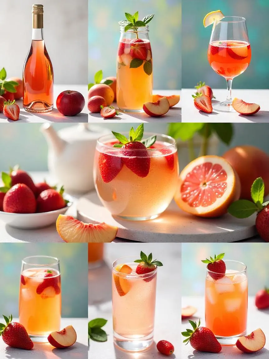 Spring sangria in a glass pitcher with fresh fruit and herbs on a bright outdoor brunch table.