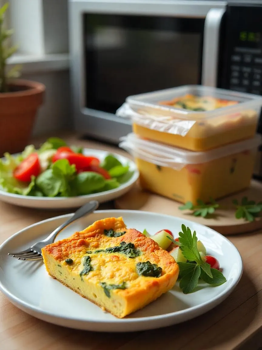Sliced frittata stored in airtight containers and plastic wrap with reheated portions served on a plate with salad.