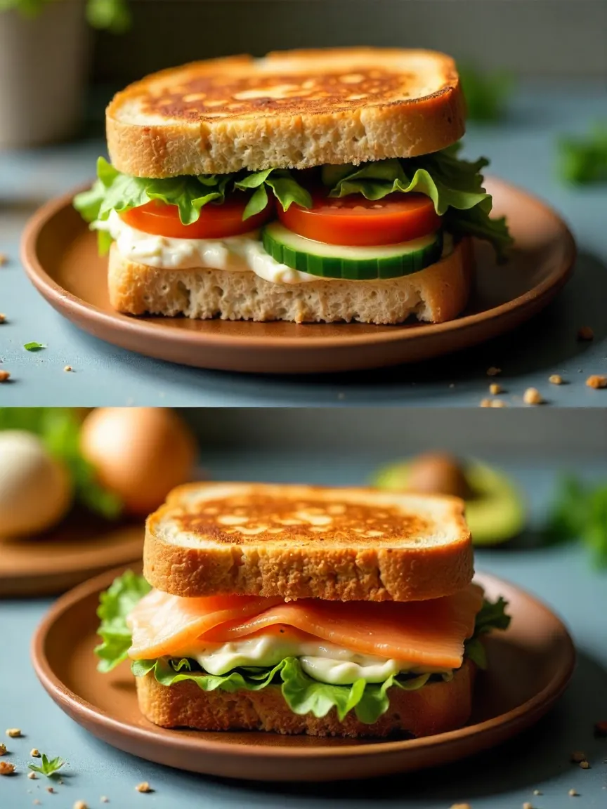 Close-up of fish sandwich with tuna or salmon, avocado spread, and fresh greens; wider view of the sandwich with soft-boiled egg and pickle on the side.