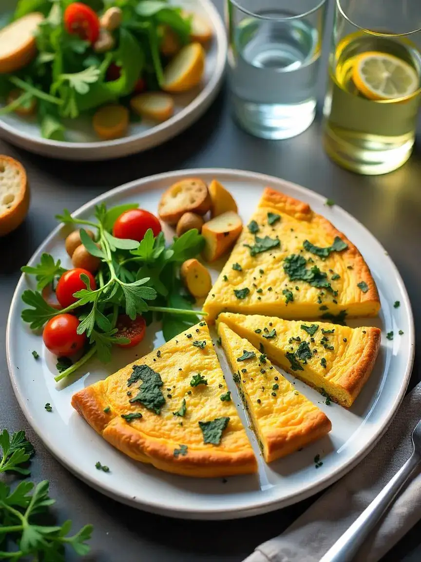 Plated frittata wedges with fresh herbs, salad, crusty bread, roasted potatoes, sautéed greens, and glasses of white wine and sparkling water.
