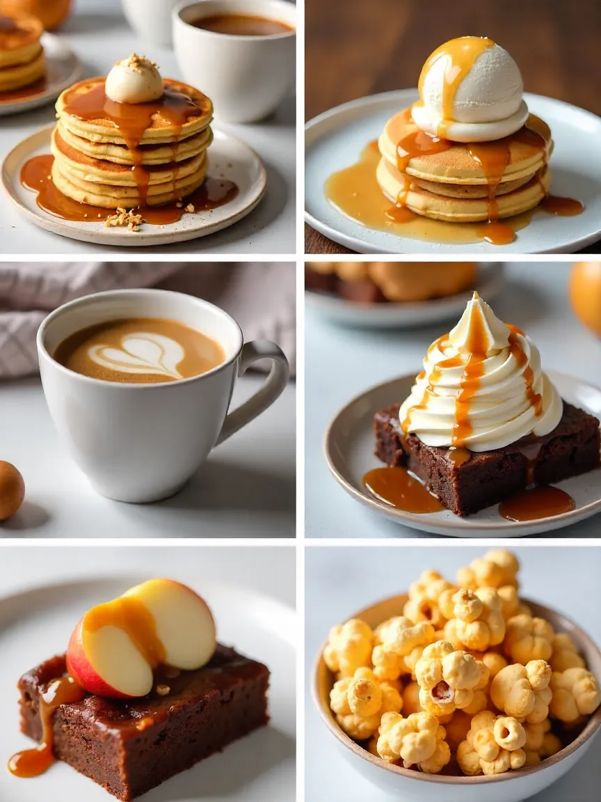 Collage of caramel drizzled on pancakes, ice cream, coffee, fruit, brownies, and popcorn.