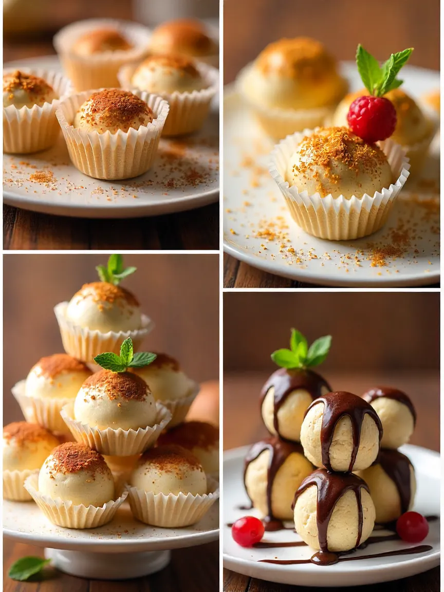 Collage of tiramisu balls served in cupcake liners, topped with edible glitter, stacked on a cake stand with fresh mint and berries, and drizzled with chocolate.