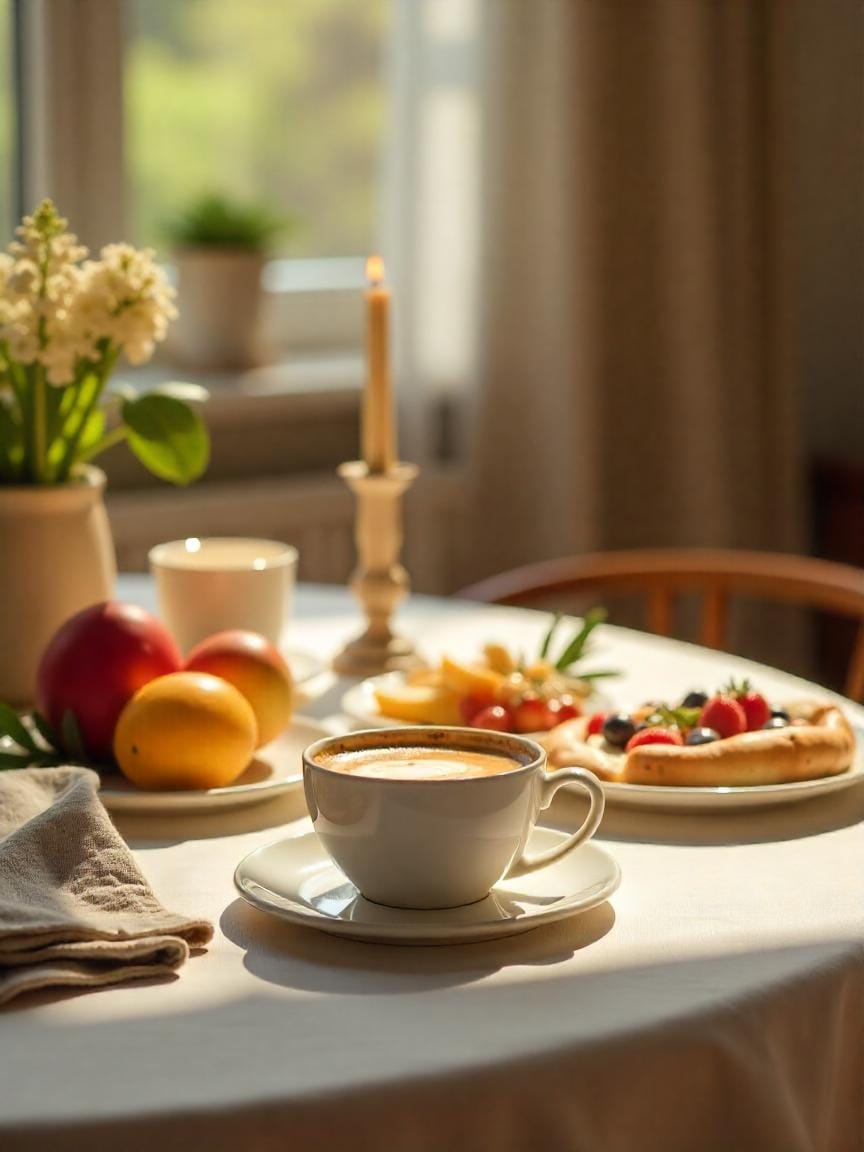 Cozy brunch table with flowers, candles, and natural light in a warm home setting.