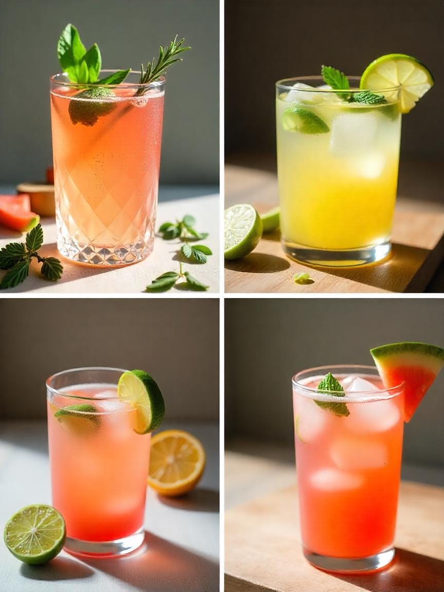 Collage of refreshing brunch cocktails and mocktails with herb garnishes, citrus slices, and homemade flavored syrups.