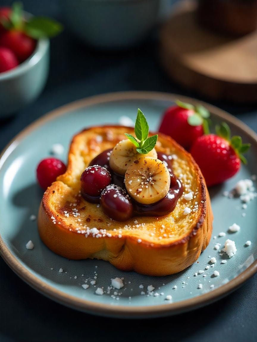 Collage of gourmet French toast variations with rich toppings and cozy brunch vibes.