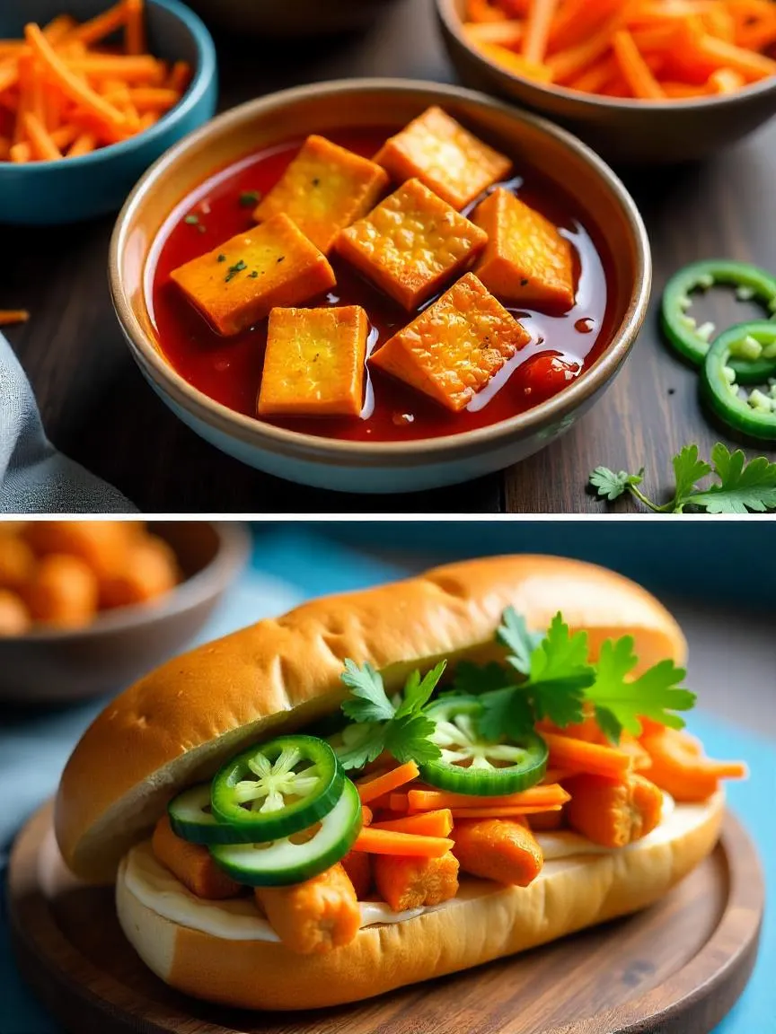 Bánh mì sandwich with crispy tofu, pickled vegetables, jalapeños, cucumber, and cilantro on a toasted baguette.