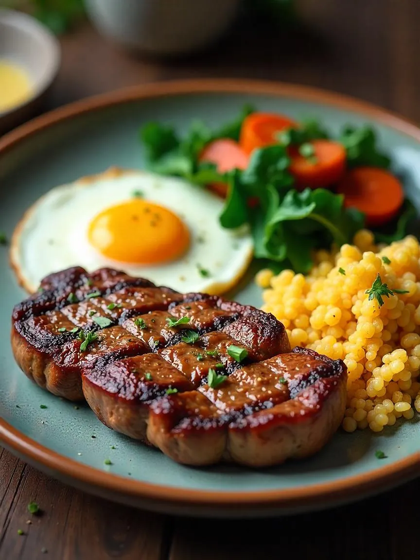 Plate with lean steak, two eggs, roasted sweet potatoes or quinoa, and sautéed spinach, representing a bold and protein-packed breakfast for sustained energy.
