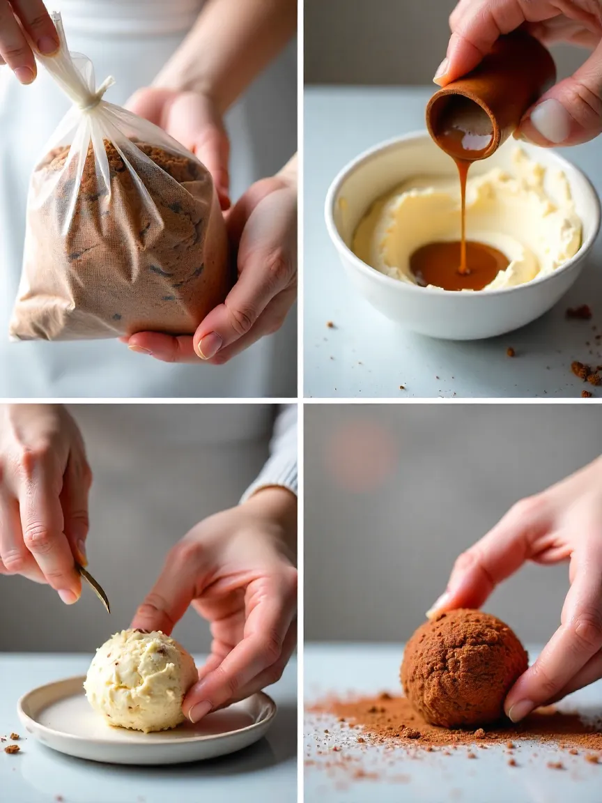 Step-by-step preparation of no-bake tiramisu balls including crushing cookies, mixing mascarpone, soaking crumbs, rolling balls, and dusting with cocoa powder.