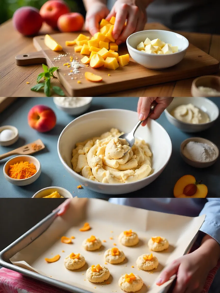 Step-by-step preparation of peach and ricotta cookies — from chopping peaches to baking dough on tray