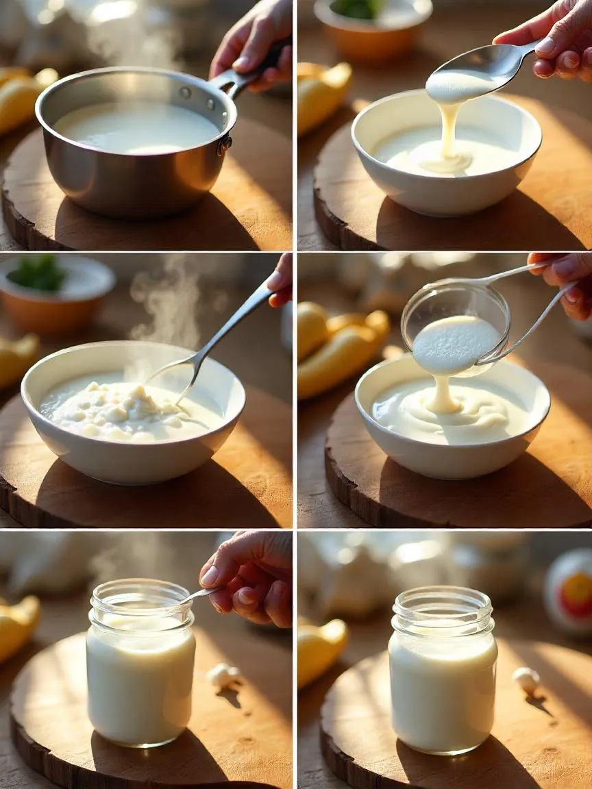 Step-by-step collage of making yogurt at home: heating milk, cooling over ice bath, adding starter, incubating in jars, chilling in fridge.
