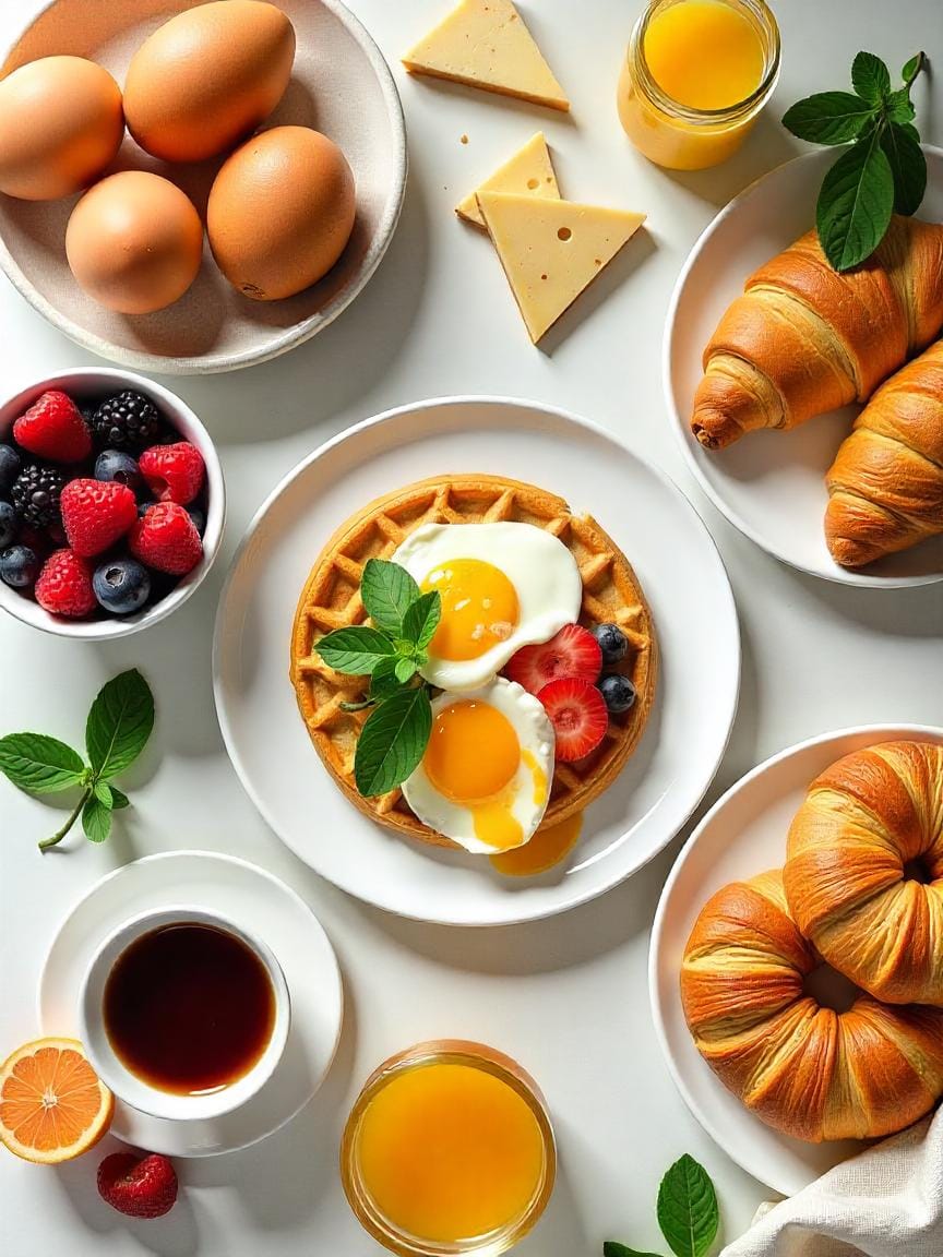 Collage of brunch ingredients: eggs, bread, fruits, cheese, greens, yogurt, salmon, waffles, and drinks.