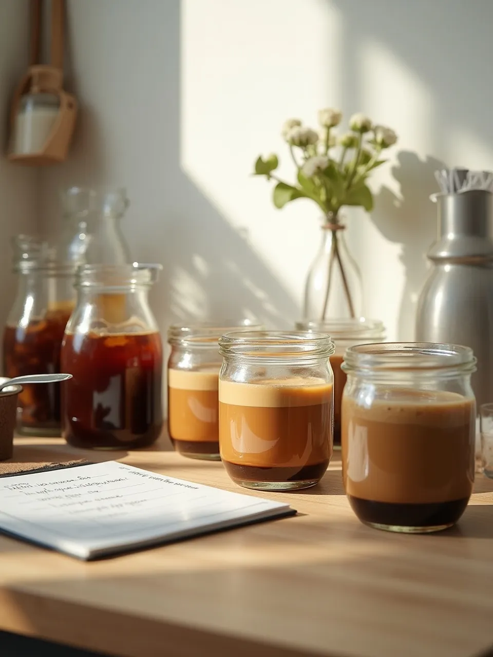 Cold brew concentrate jars, homemade vanilla syrup in a small pot, and coffee ice cube trays on a kitchen counter, illustrating iced latte meal prep and batching for the week.