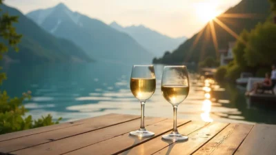 A summer evening on a terrace with glasses of white wine, golden sunlight, and a gentle breeze creating a relaxing and festive atmosphere.