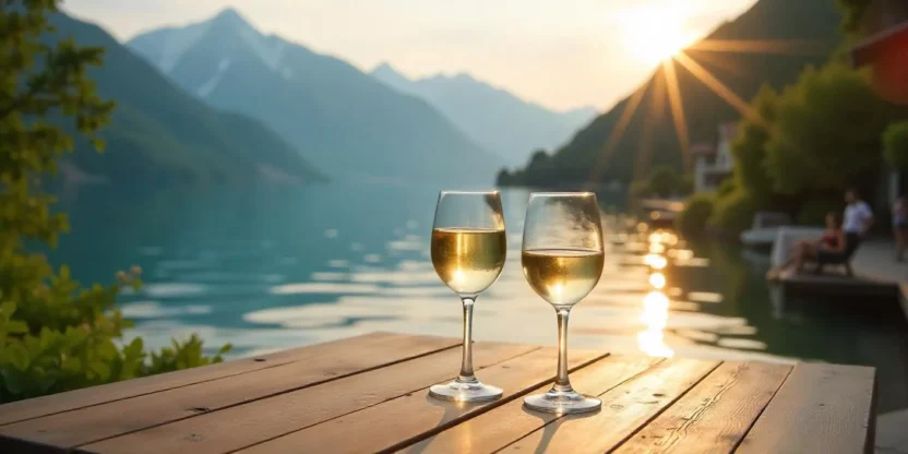 A summer evening on a terrace with glasses of white wine, golden sunlight, and a gentle breeze creating a relaxing and festive atmosphere.