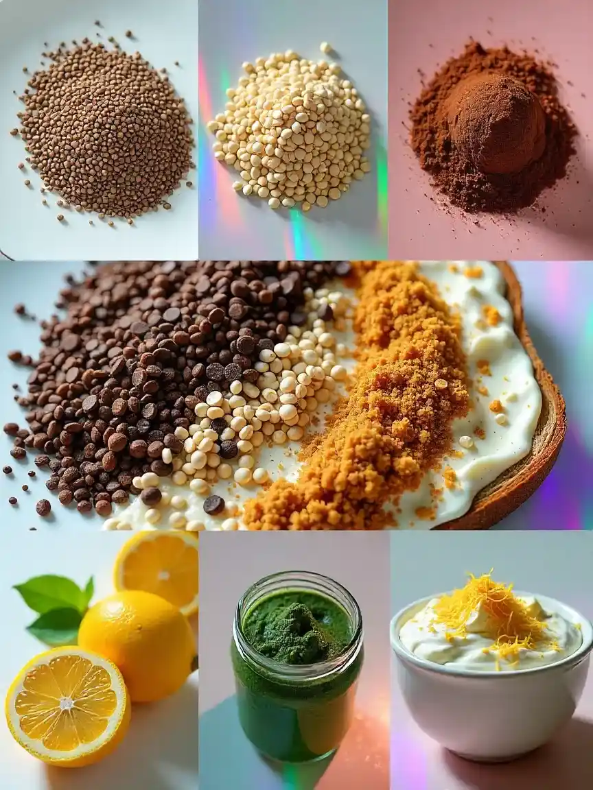 Collage of superfood boosters including chia seeds, cacao nibs, spirulina, bee pollen, maca powder, fresh herbs, and citrus zest sprinkled on various breakfast dishes.