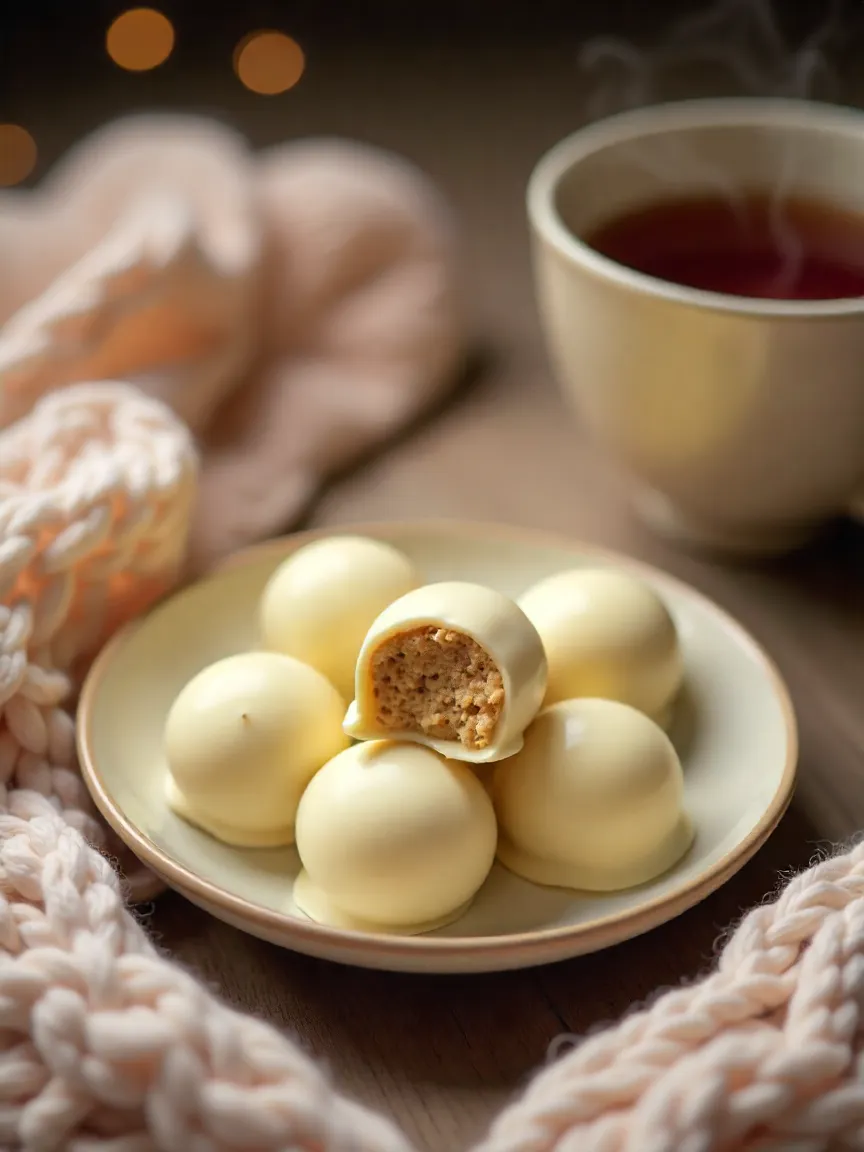 Creamy white chocolate Biscoff truffles on a plate, cozy and inviting dessert.