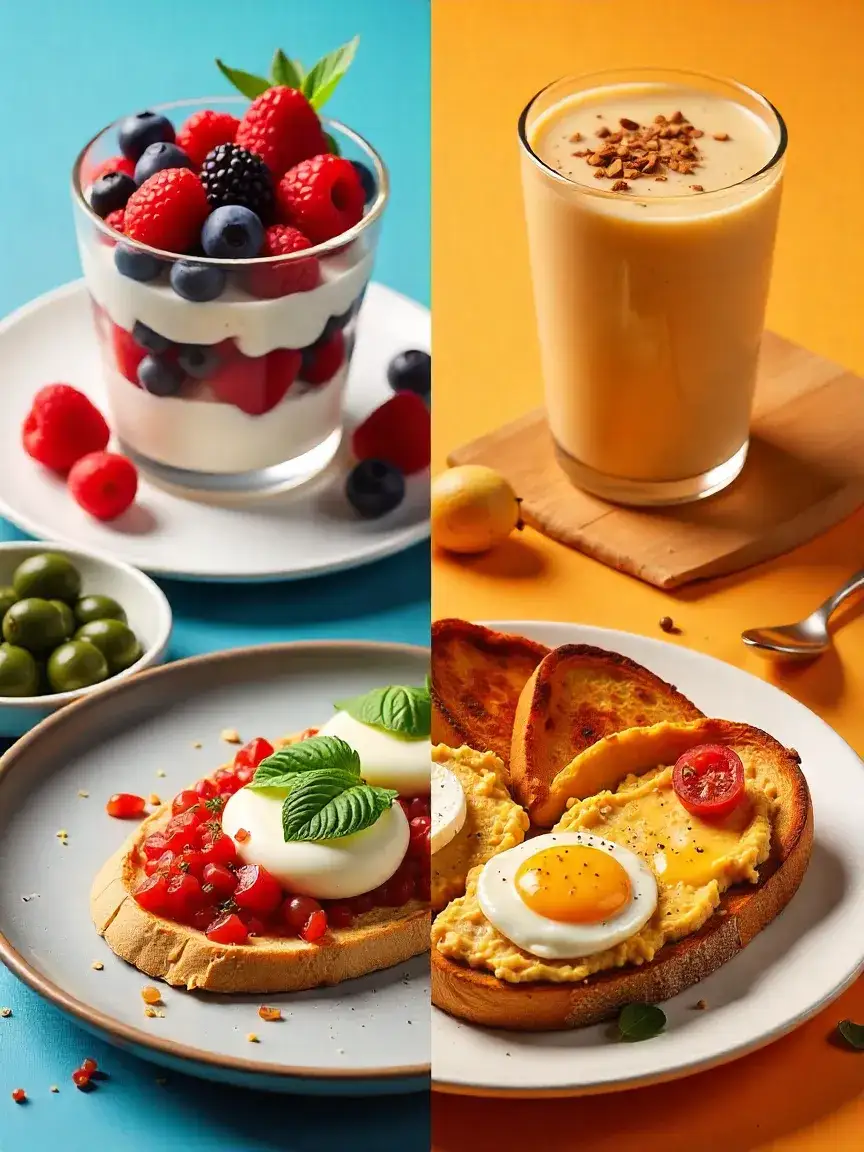 Collage showing sweet breakfasts like yogurt parfait and baked oats, and savory breakfasts like scrambled eggs with tomato and toast with hummus and olives.