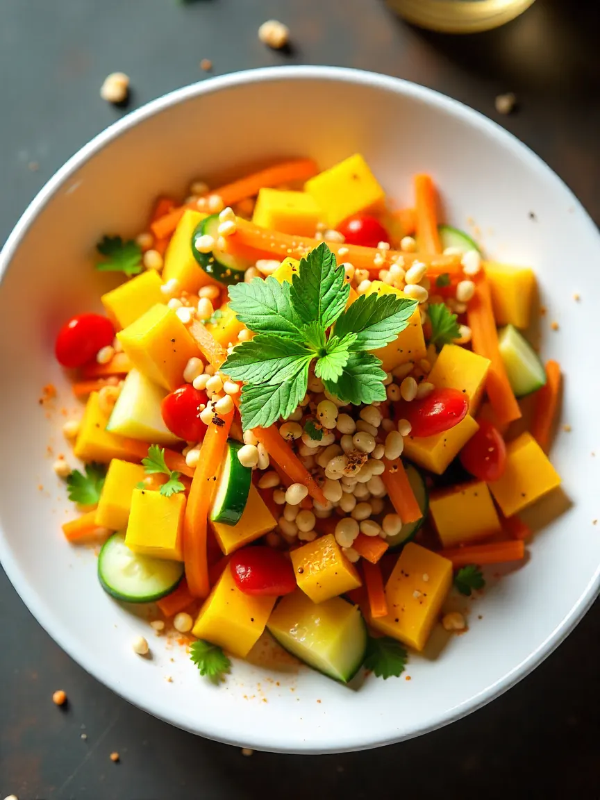 Vibrant Thai mango salad with julienned mango, carrot, cucumber, red chili, chopped peanuts, and cilantro.
