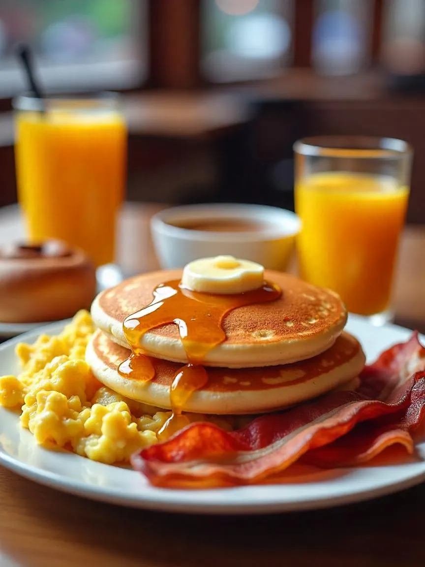 Classic American breakfast with pancakes, bacon, eggs, orange juice, and coffee.