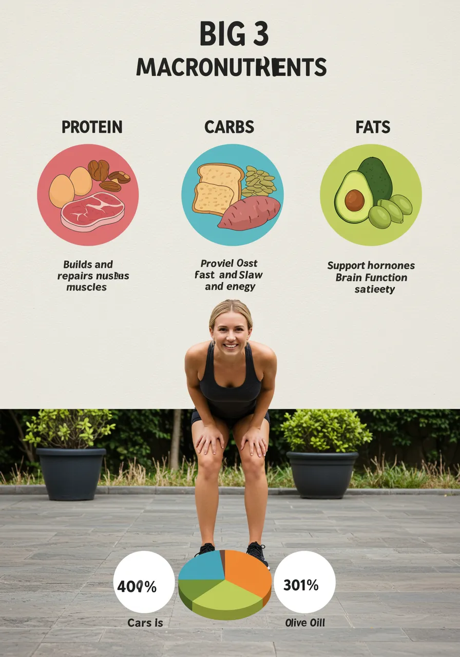 Infographic showing the three main macronutrients: protein (eggs, meat, nuts), carbohydrates (oats, toast, fruit), and fats (avocado, seeds, olive oil), with simple benefits and a balance guide of roughly 40% carbs, 30% protein, and 30% fat for active people.