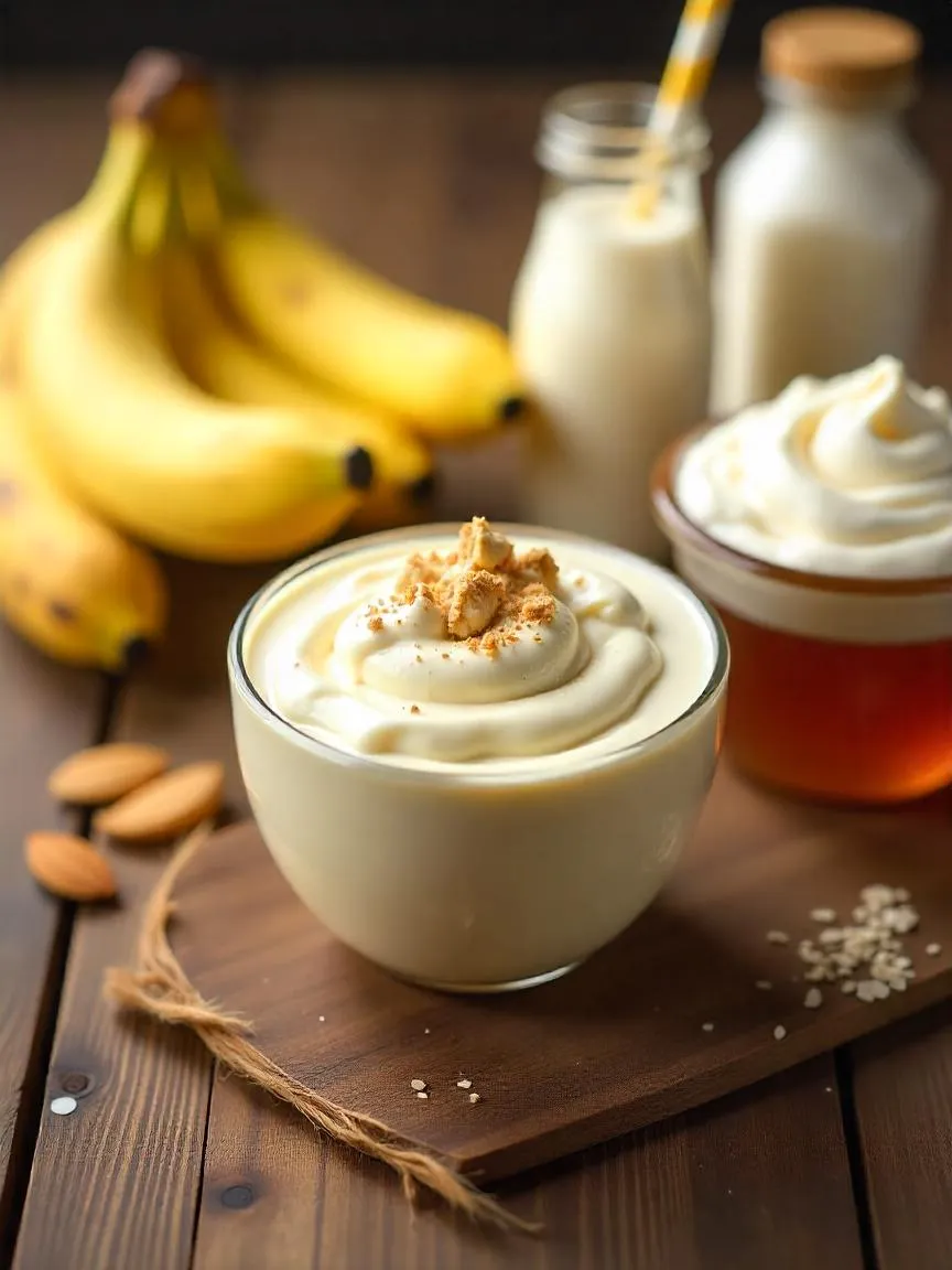 A close-up of creamy smoothie ingredients arranged artfully: frozen bananas, a bowl of thick Greek yogurt, and containers of almond, oat, and coconut milk. Maple syrup in a small jar adds a golden touch. The scene highlights natural, wholesome components on a rustic wooden surface.