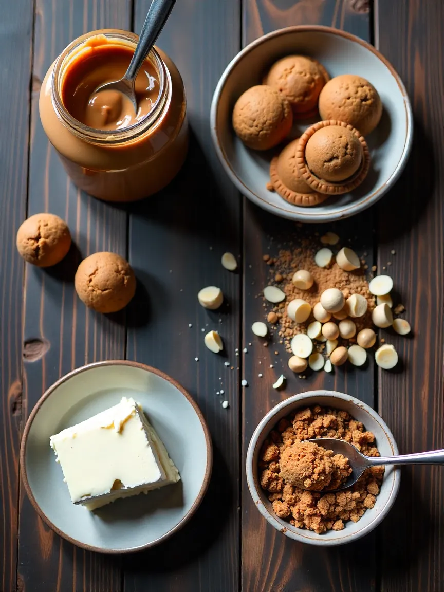 Biscoff spread, cream cheese, crushed cookies, white chocolate, and chopped nuts arranged on a wooden surface.