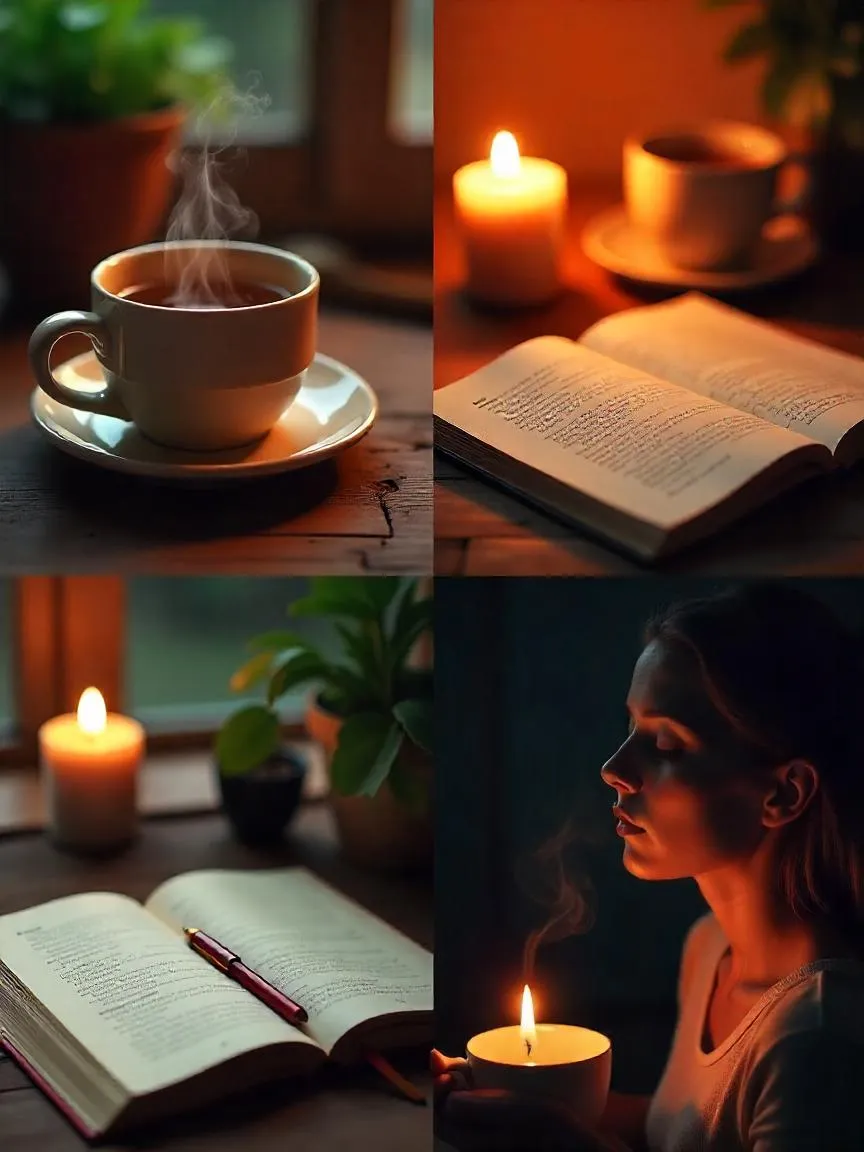 Collage of a favorite mug with steaming tea, candlelight, and a journal, symbolizing a peaceful tea ritual.