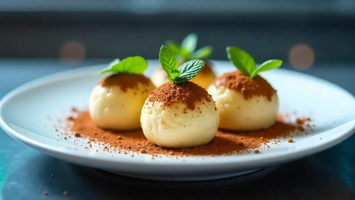 Tiramisu balls on a white plate with cocoa powder and mint garnish in an elegant restaurant setting.