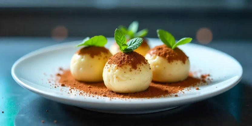Tiramisu balls on a white plate with cocoa powder and mint garnish in an elegant restaurant setting.