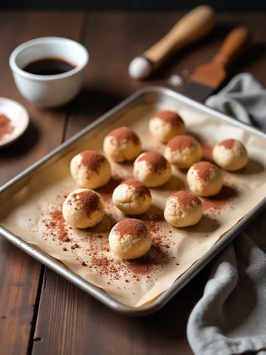 Tray of no-bake tiramisu balls dusted with cocoa powder next to a cup of espresso on a wooden table.