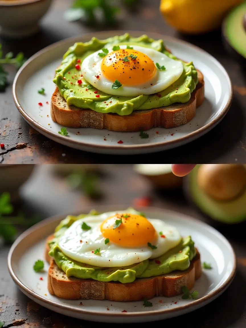 Toasted whole-grain bread with smashed avocado and a soft poached egg on top, garnished with herbs and chili flakes.