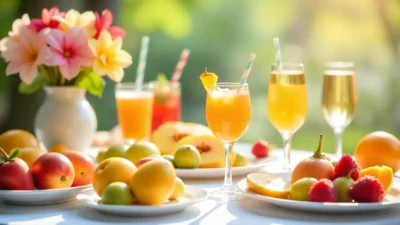 Bright Easter brunch table with spring drinks, flowers, and festive decorations in natural light.