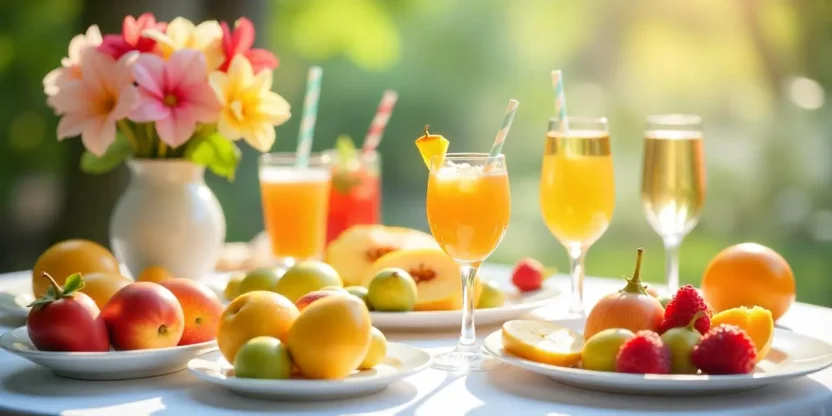 Bright Easter brunch table with spring drinks, flowers, and festive decorations in natural light.